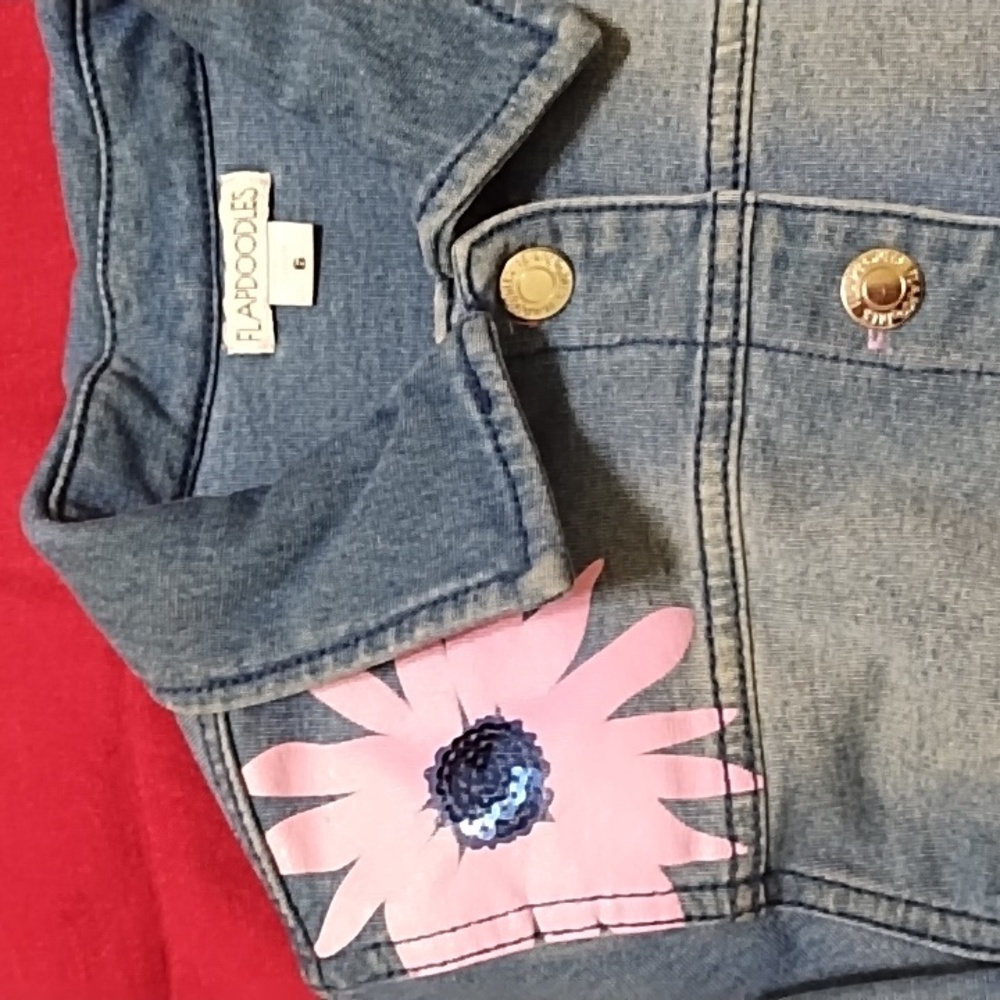 Flapdoodles snap-closure jacket with painted flowers. Kids 6.